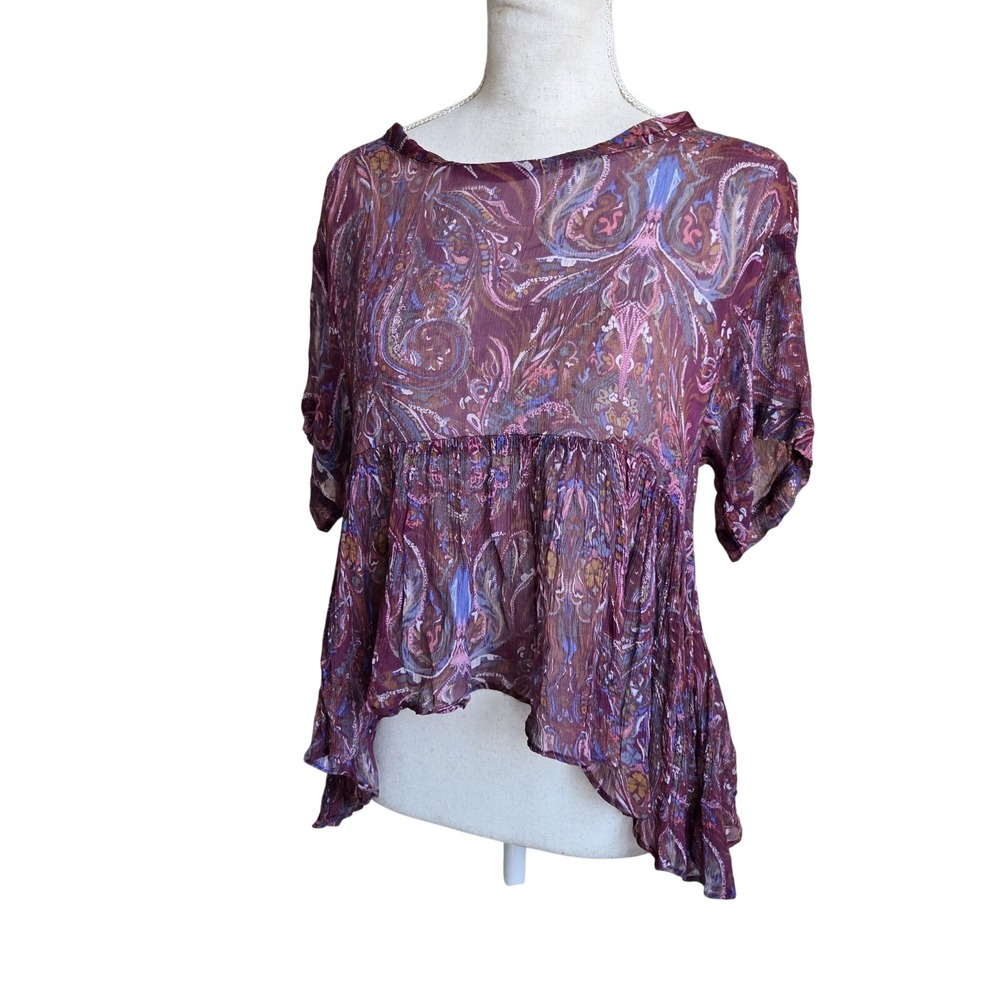 Free People Womens Extra Small Purple Boho Paisley Sheer Peplum Ruffle Top‎
